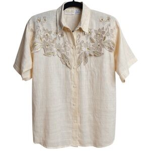 Vintage 80's Marshall Rousso Beige 100% Raime Floral Embroidered Shirt Medium